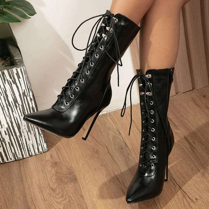 Autumn Winter Women Ankle Boots Sexy Pointed Toe Pole Dance High Heels Pumps Fashion Zip Lace-Up Chelsea Shoes Female Size 35-43.