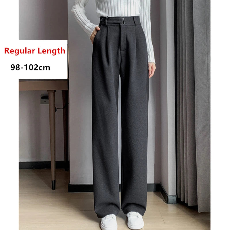 Seoulish Autumn Winter Thicken Woolen Casual Loose Full Length Pants 2023 New Button High Waist Chic Wide Leg Trousers Female.