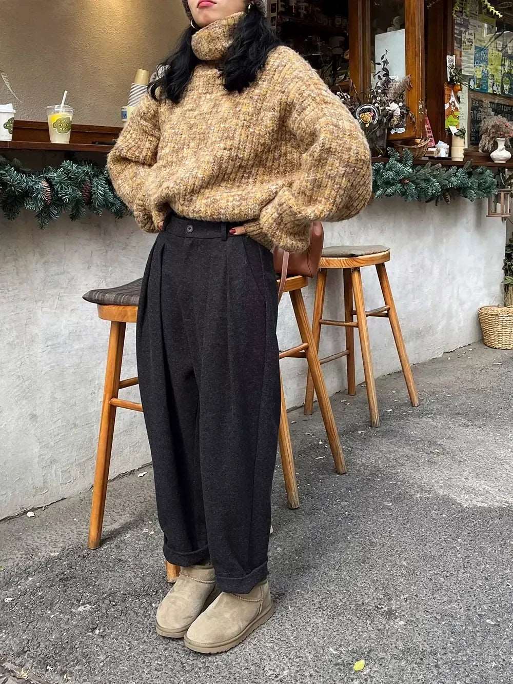 2024 Chic Women Casual Loose Pockets Woolen Suit Pants Autumn Winter High Waist Thicken Korean Ladies Solid Harem Trousers.