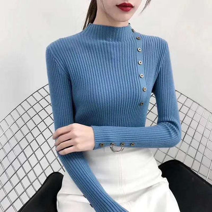 2024 Women Autumn Knitted Slim Sweaters Solid Knitted Female Cotton Soft Elastic Color Pullovers Button Full Sleeve Turtleneck.