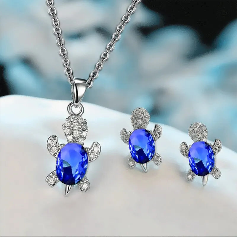 3pcs Silver-plated Necklace Earrings Set Ladies Light Luxury Fashion Style Turtle Shape With Multi Color Glass Diamond.