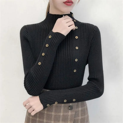 2024 Women Autumn Knitted Slim Sweaters Solid Knitted Female Cotton Soft Elastic Color Pullovers Button Full Sleeve Turtleneck.