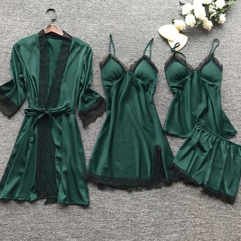 4PCS Sleepwear Pajamas Set Silk Women Nightdress Lace Dress Robe Sleep Nightwear Silk Solid Color Pijama Sets.