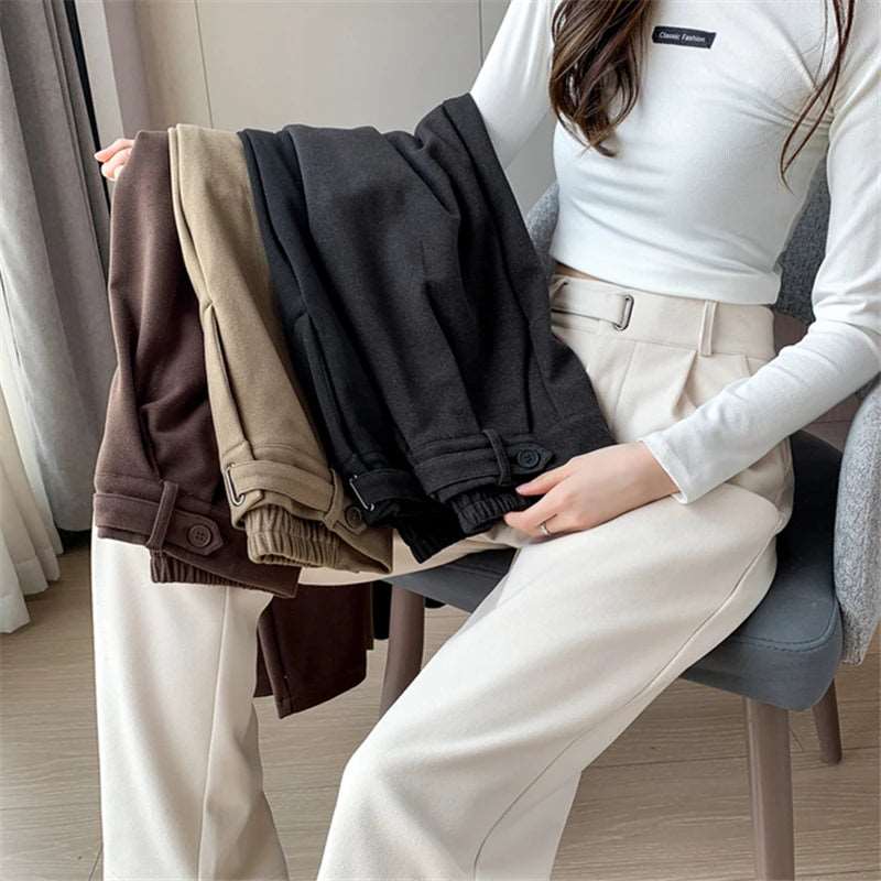 Seoulish Autumn Winter Thicken Woolen Casual Loose Full Length Pants 2023 New Button High Waist Chic Wide Leg Trousers Female.