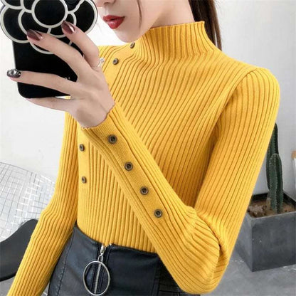 2024 Women Autumn Knitted Slim Sweaters Solid Knitted Female Cotton Soft Elastic Color Pullovers Button Full Sleeve Turtleneck.