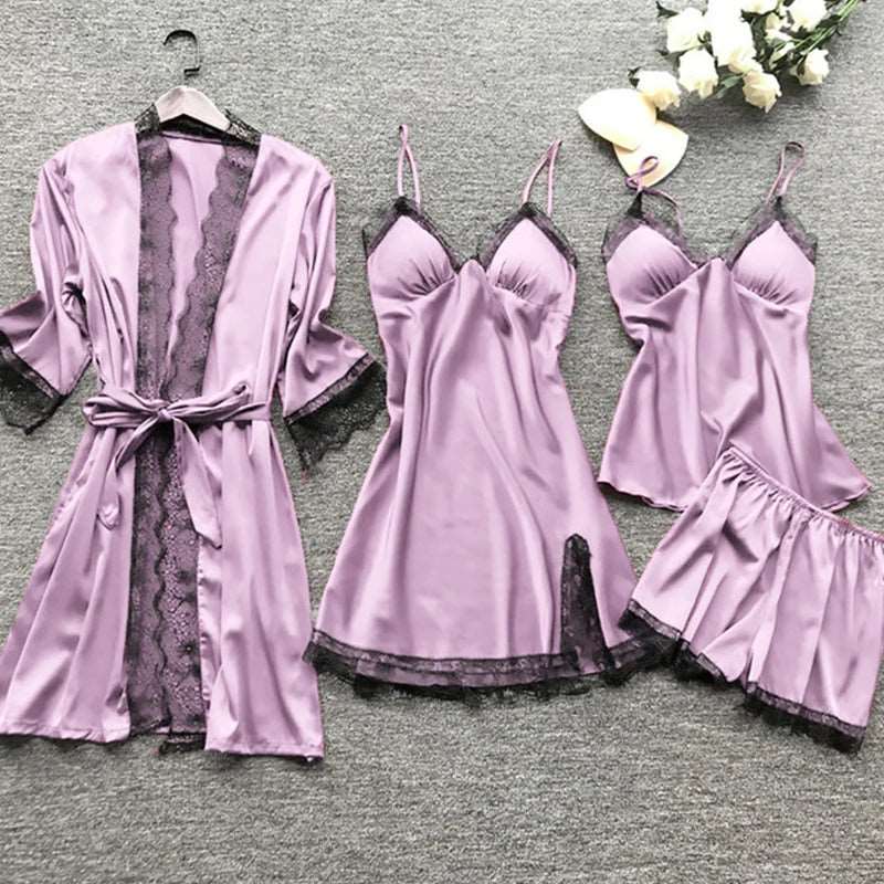 4PCS Sleepwear Pajamas Set Silk Women Nightdress Lace Dress Robe Sleep Nightwear Silk Solid Color Pijama Sets.