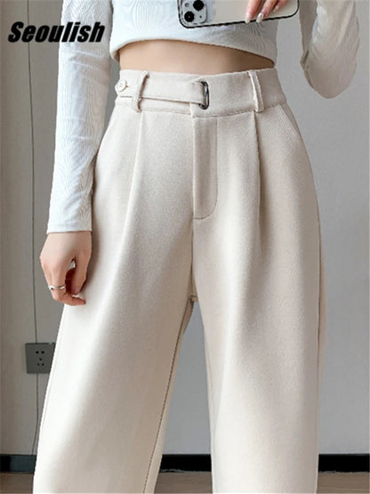 Seoulish Autumn Winter Thicken Woolen Casual Loose Full Length Pants 2023 New Button High Waist Chic Wide Leg Trousers Female.