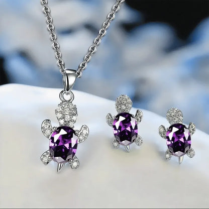 3pcs Silver-plated Necklace Earrings Set Ladies Light Luxury Fashion Style Turtle Shape With Multi Color Glass Diamond.