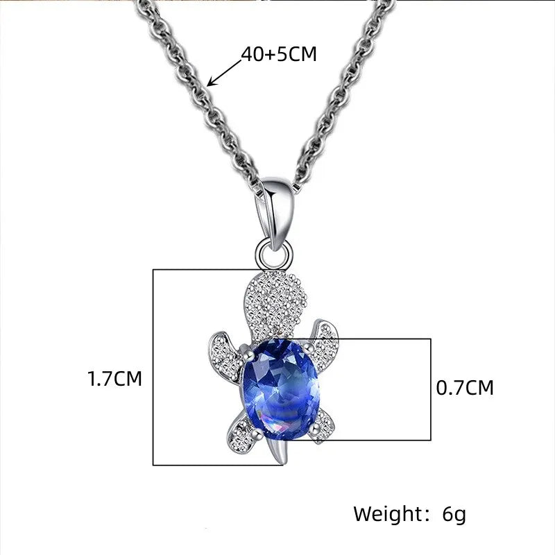 3pcs Silver-plated Necklace Earrings Set Ladies Light Luxury Fashion Style Turtle Shape With Multi Color Glass Diamond.