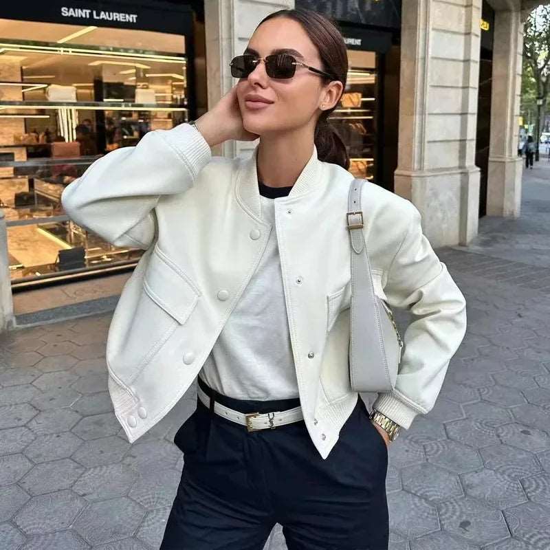 ASDS woman bomber jacket coat White autumn winter button baseball aviator cropped jackets for women long sleeve crop outerwear.