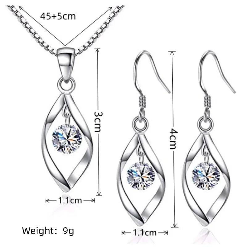 3pcs Necklace Earrings Set Ladies Cold-color Wind Twisted Glass Diamond With Venice Chain Imitation White Gold-color Jewelry.