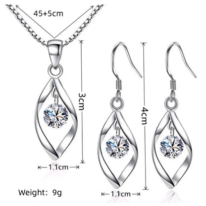 3pcs Necklace Earrings Set Ladies Cold-color Wind Twisted Glass Diamond With Venice Chain Imitation White Gold-color Jewelry.