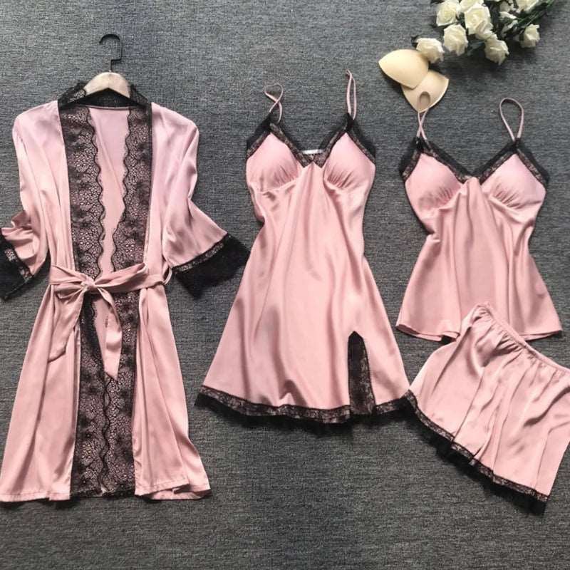 4PCS Sleepwear Pajamas Set Silk Women Nightdress Lace Dress Robe Sleep Nightwear Silk Solid Color Pijama Sets.