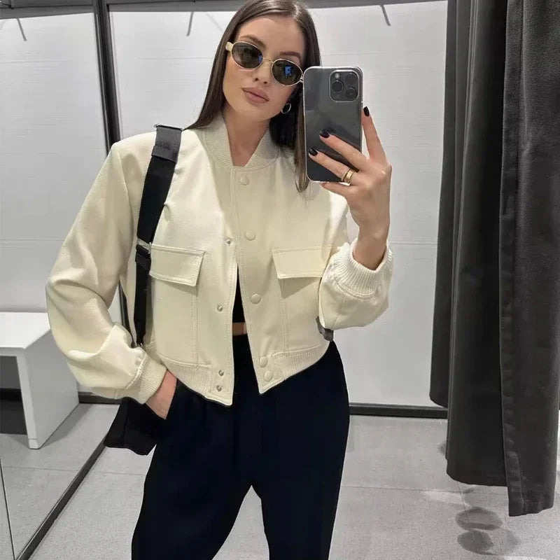 ASDS woman bomber jacket coat White autumn winter button baseball aviator cropped jackets for women long sleeve crop outerwear.