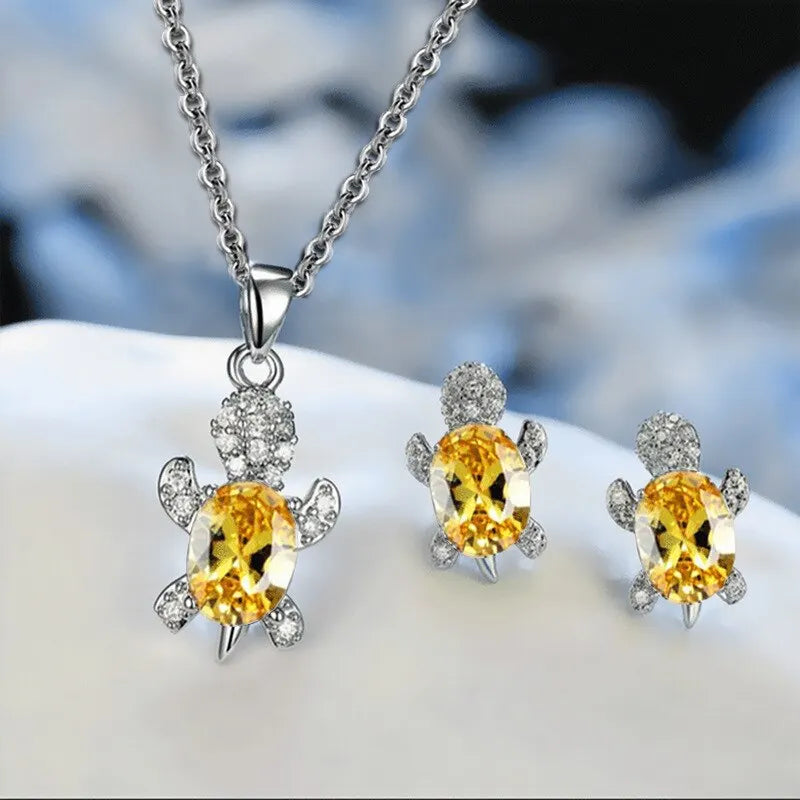 3pcs Silver-plated Necklace Earrings Set Ladies Light Luxury Fashion Style Turtle Shape With Multi Color Glass Diamond.