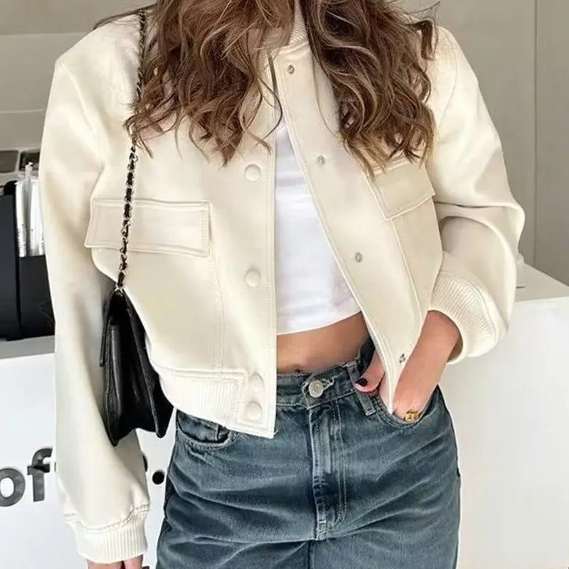 2024 Woman Bomber Jacket Coat White Autumn Winter Button Baseball Aviator Cropped Jackets For Women Long Sleeve Crop Outerwear.