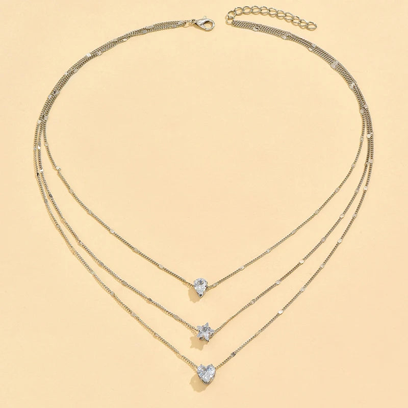 3 Pcs Crystal Zircon Necklace Set Heart Star Layered Pendant Necklace Women Fashion Square Rhinestone Female Necklaces Jewelry.