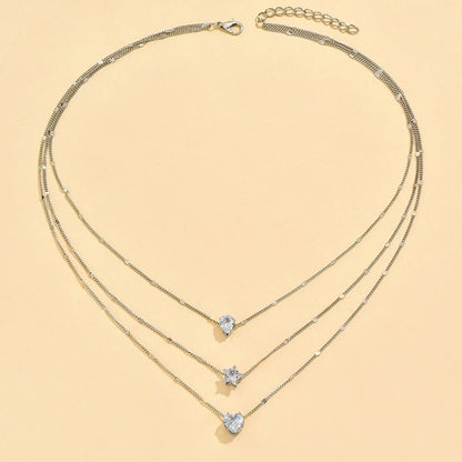 3 Pcs Crystal Zircon Necklace Set Heart Star Layered Pendant Necklace Women Fashion Square Rhinestone Female Necklaces Jewelry.