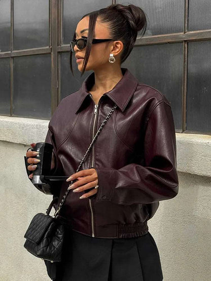 Fashion Solid Pu Leather Women Motorcycle Jacket Chic Lapel Long Sleeve Slim Short Coat With Belt Autumn Lady High Street Tops.