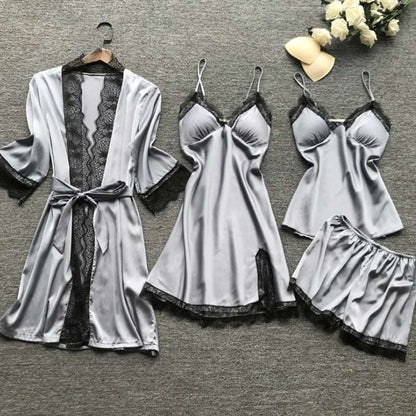 4PCS Sleepwear Pajamas Set Silk Women Nightdress Lace Dress Robe Sleep Nightwear Silk Solid Color Pijama Sets.