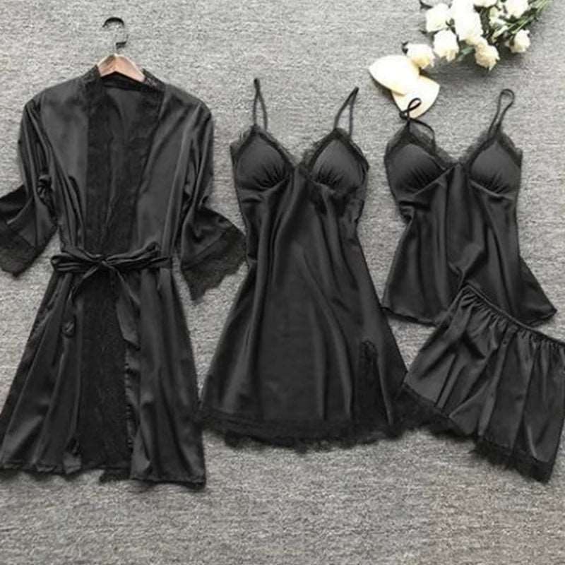 4PCS Sleepwear Pajamas Set Silk Women Nightdress Lace Dress Robe Sleep Nightwear Silk Solid Color Pijama Sets.