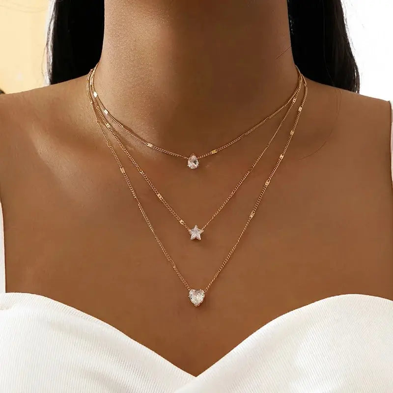 3 Pcs Crystal Zircon Necklace Set Heart Star Layered Pendant Necklace Women Fashion Square Rhinestone Female Necklaces Jewelry.