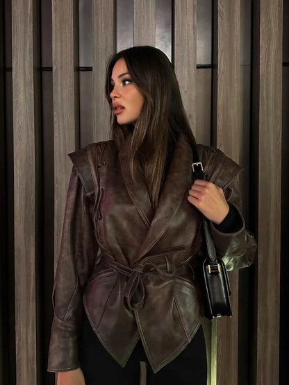 Fashion Solid Pu Leather Women Motorcycle Jacket Chic Lapel Long Sleeve Slim Short Coat With Belt Autumn Lady High Street Tops.