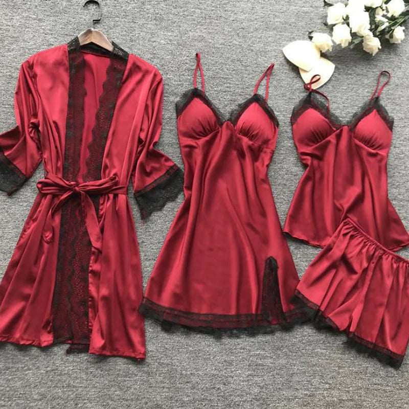 4PCS Sleepwear Pajamas Set Silk Women Nightdress Lace Dress Robe Sleep Nightwear Silk Solid Color Pijama Sets.