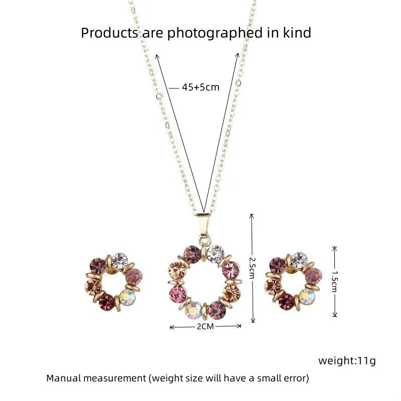 3pcs Gold Necklace Earrings Set Ladies Celebrity Simple Fashion Style Exquisite Stained Glass Diamond Circle Shape Jewelry.