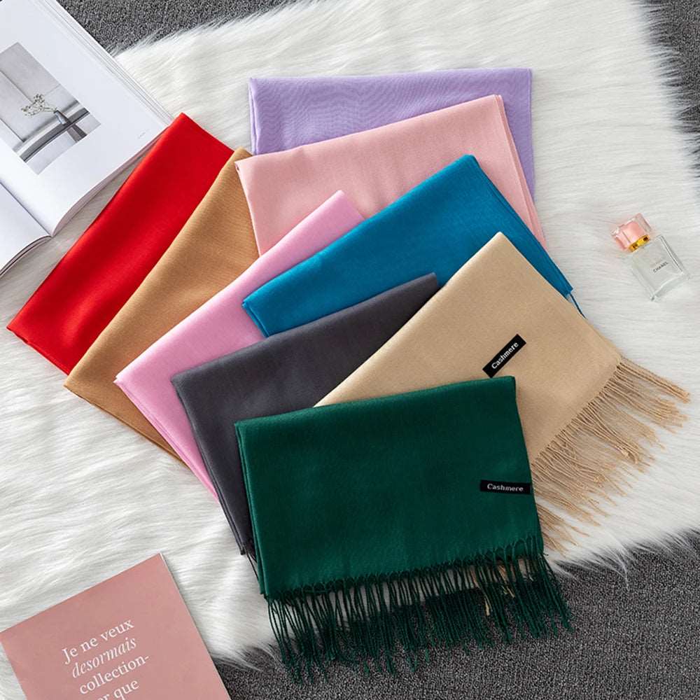 Winter Female Scarf Cashmere Shawls Wraps Women Solid Long Hijab Stoles Pashmina Bufanda Tassel Autumn Lady Headband 2022.