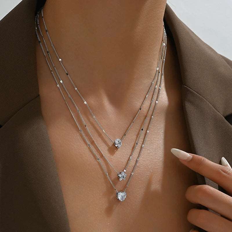 3 Pcs Crystal Zircon Necklace Set Heart Star Layered Pendant Necklace Women Fashion Square Rhinestone Female Necklaces Jewelry.