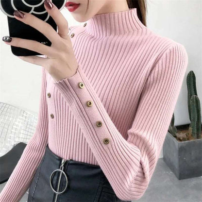 2024 Women Autumn Knitted Slim Sweaters Solid Knitted Female Cotton Soft Elastic Color Pullovers Button Full Sleeve Turtleneck.