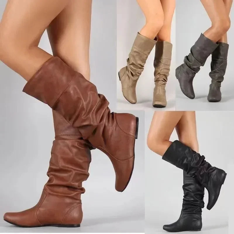 2023 Mid-Calf Boots Women Flat Shoes Spring Autumn Women High Boots Long Western Cowboy Boots Women Footwear Large size 35-43.