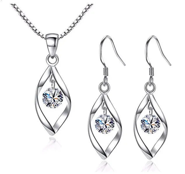 3pcs Necklace Earrings Set Ladies Cold-color Wind Twisted Glass Diamond With Venice Chain Imitation White Gold-color Jewelry.