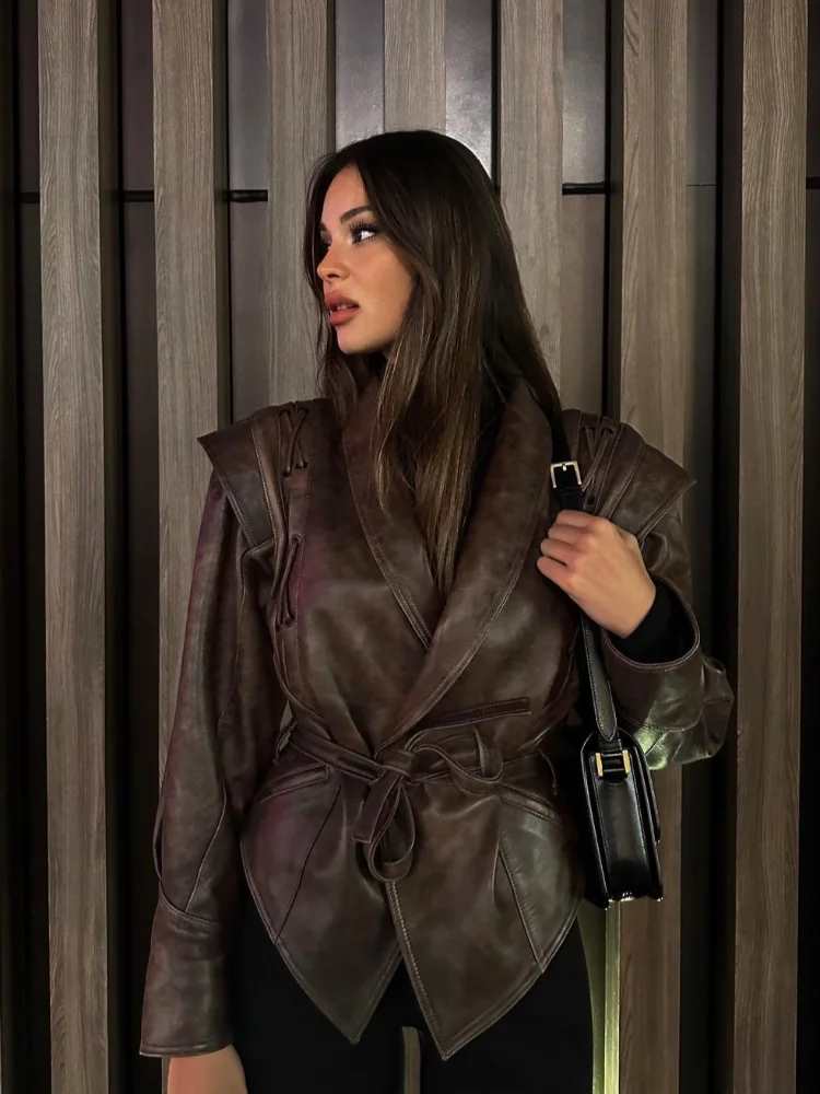 Fashion Solid Pu Leather Women Motorcycle Jacket Chic Lapel Long Sleeve Slim Short Coat With Belt Autumn Lady High Street Tops.